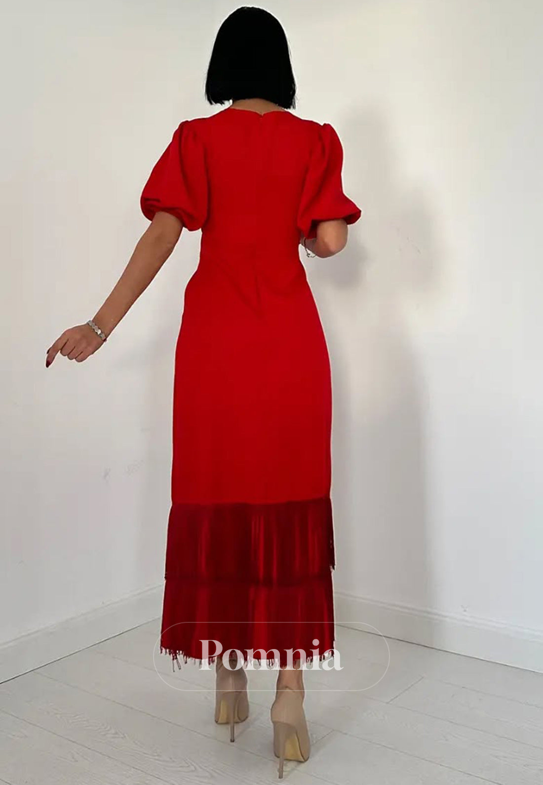 A-Line Short Sleeves Scoop Slit Semi-Formal Dress