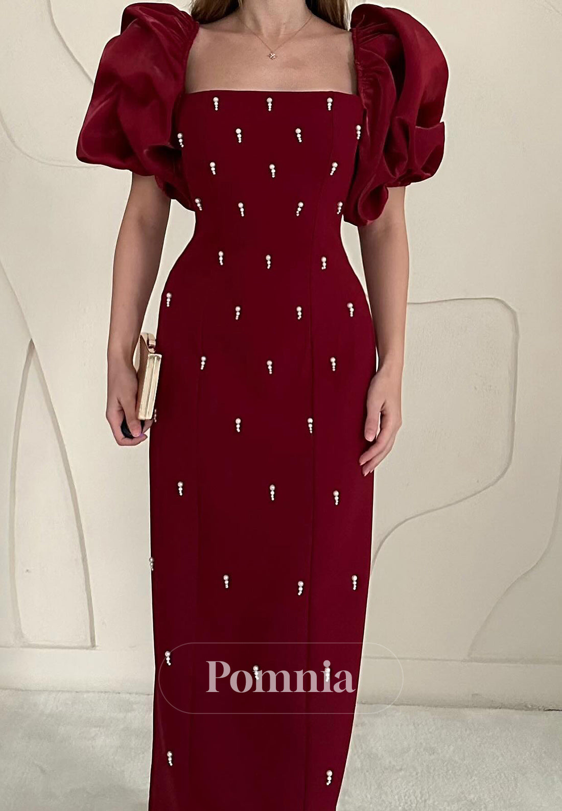 A-Line Short Sleeves Pearls Square Satin Evening Dress