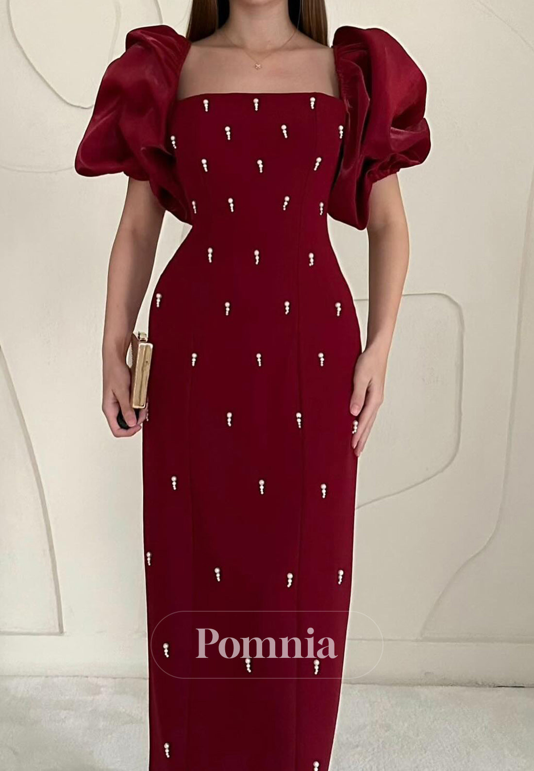 A-Line Short Sleeves Pearls Square Satin Evening Dress