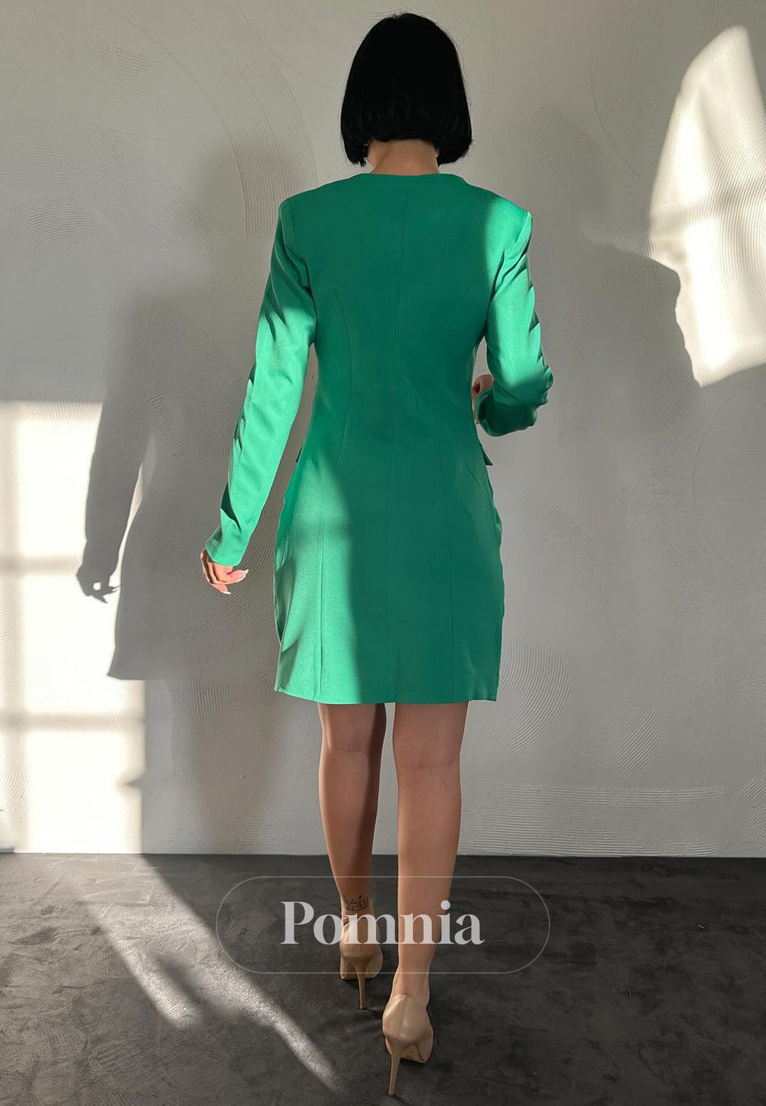 Long Sleeves V-Neck Short Satin Work Dress