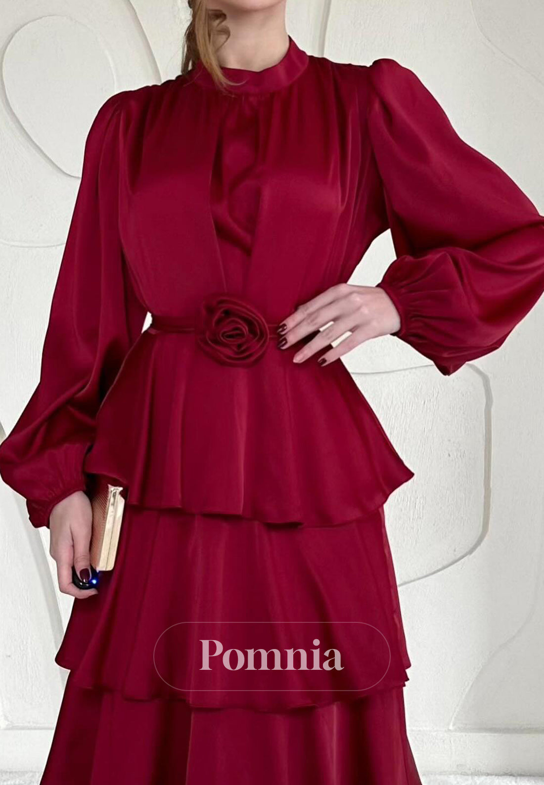 A-Line Long Sleeves Scoop Empire-Waist Ruffles Evening Dress