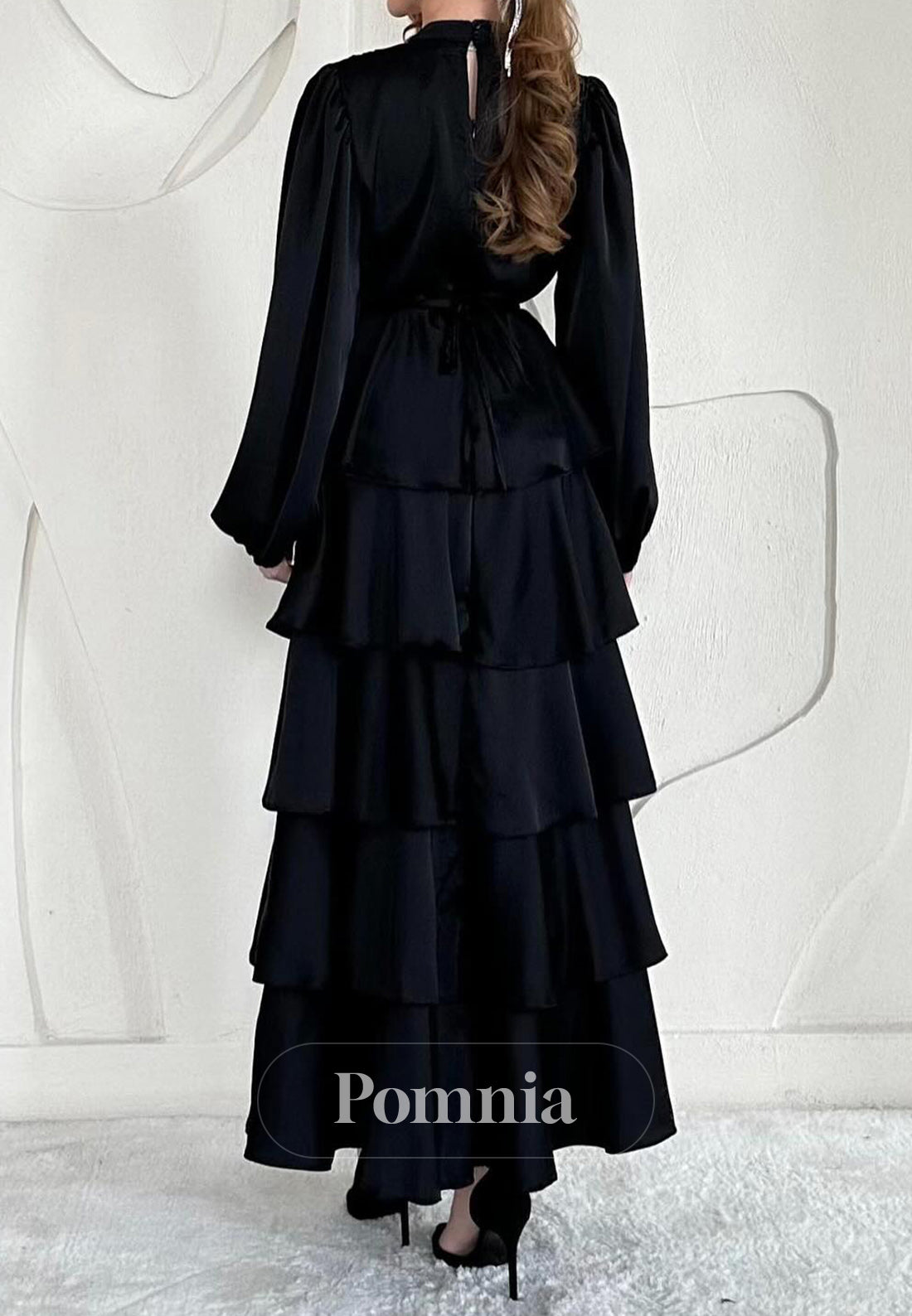 A-Line Long Sleeves Scoop Empire-Waist Ruffles Evening Dress