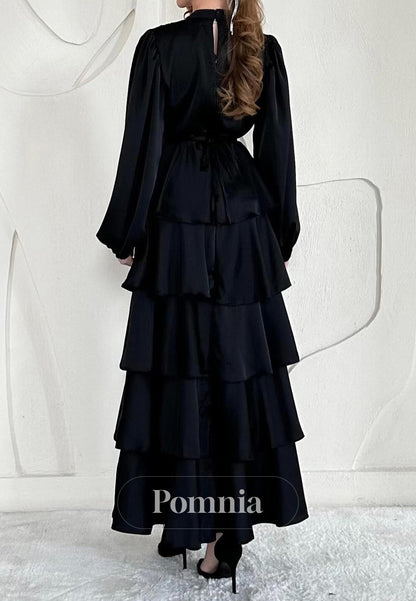 A-Line Long Sleeves Scoop Empire-Waist Ruffles Evening Dress