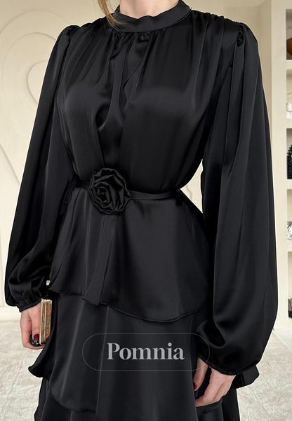 A-Line Long Sleeves Scoop Empire-Waist Ruffles Evening Dress