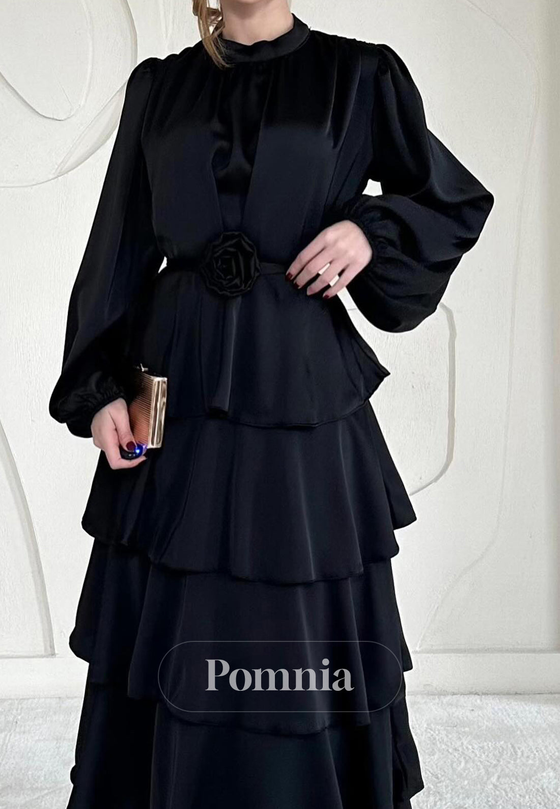 A-Line Long Sleeves Scoop Empire-Waist Ruffles Evening Dress