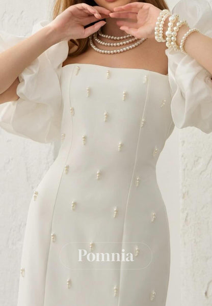 A-Line Short Sleeves Pearls Square Satin Evening Dress