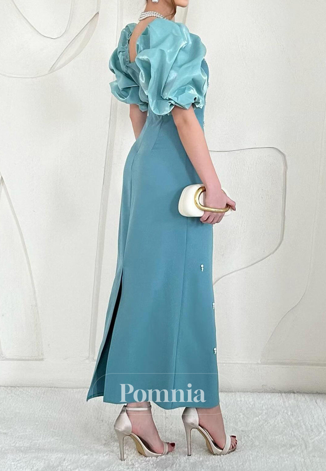 A-Line Short Sleeves Pearls Square Satin Evening Dress