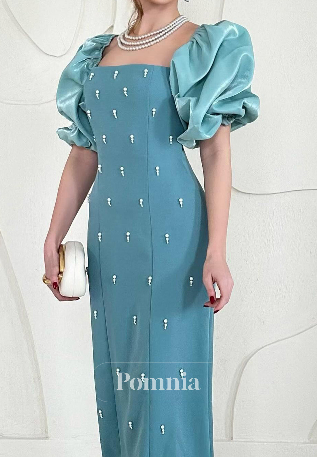 A-Line Short Sleeves Pearls Square Satin Evening Dress