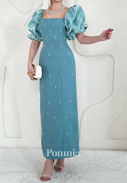 A-Line Short Sleeves Pearls Square Satin Evening Dress