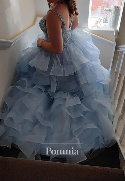Sky Blue Spaghetti Straps Sweetheart Ruffles Prom Dress