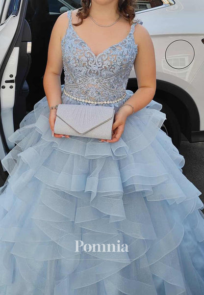 Sky Blue Spaghetti Straps Sweetheart Ruffles Prom Dress