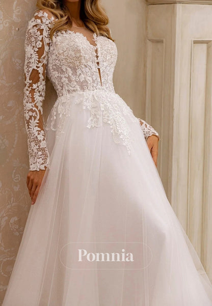 Elegant A-Line Bridal Gown with Lace Detail and Plunging Neckline