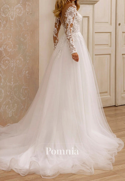 Elegant A-Line Bridal Gown with Lace Detail and Plunging Neckline