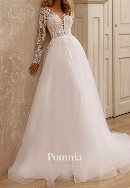 Elegant A-Line Bridal Gown with Lace Detail and Plunging Neckline