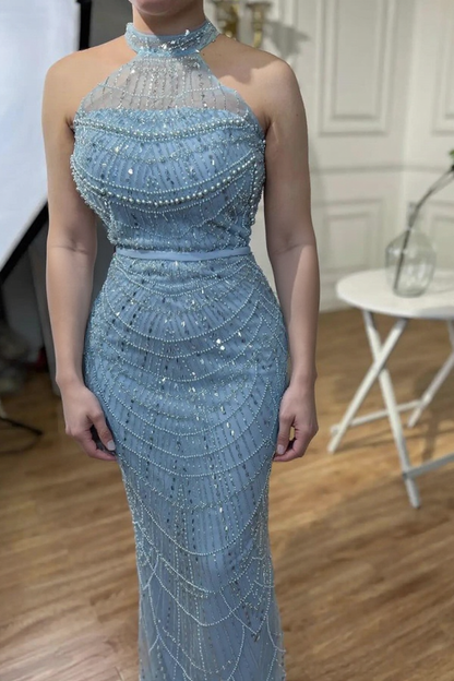 Elegant Long Halter Tulle Beaded Mermaid Formal Evening Dresses