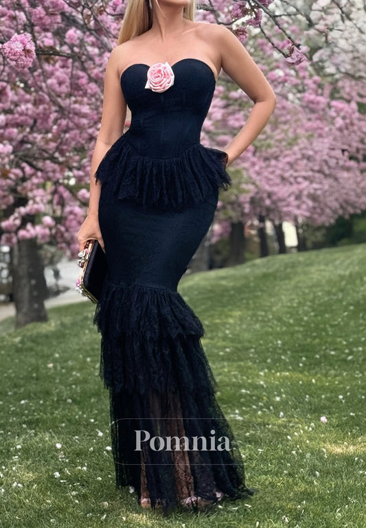 Black Sleeveless Strapless Ruffles A-Line Prom Dress