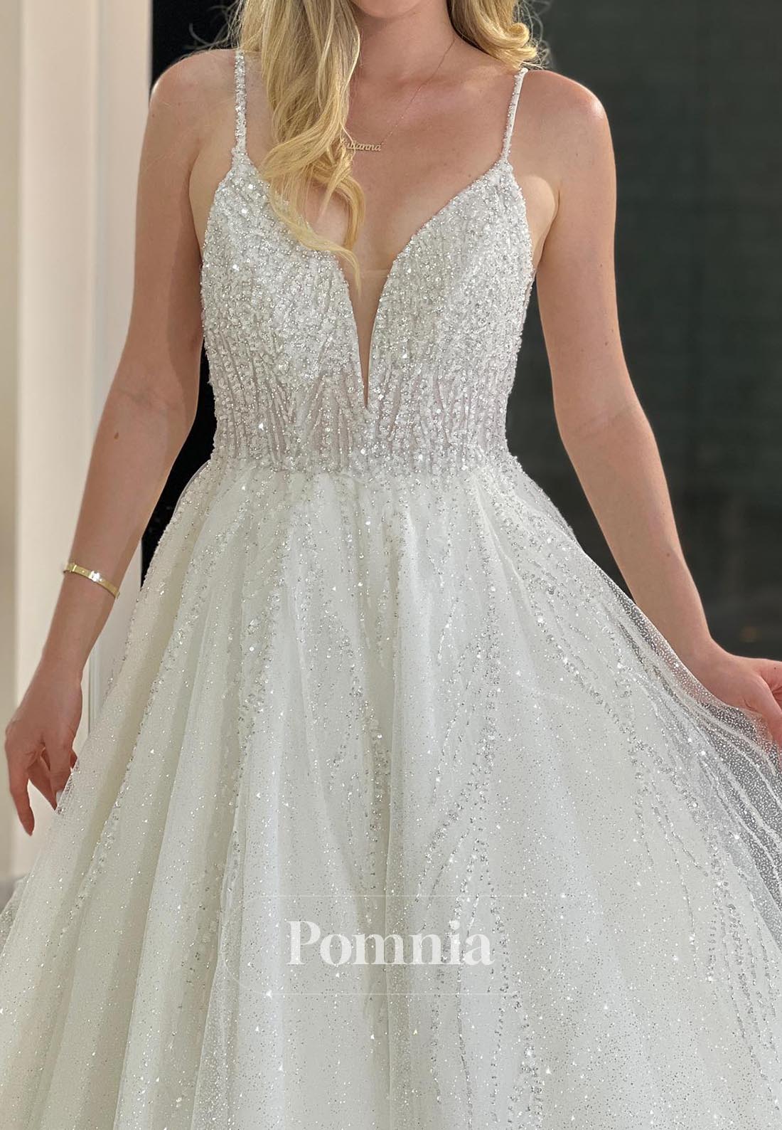 Deep V-Neck Spaghetti Straps Sequins Lace Wedding Dress