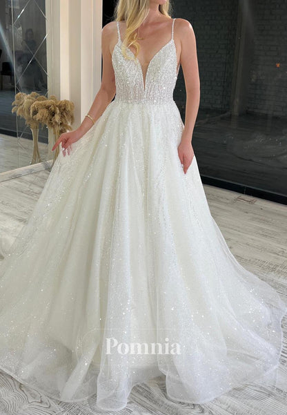 Deep V-Neck Spaghetti Straps Sequins Lace Wedding Dress