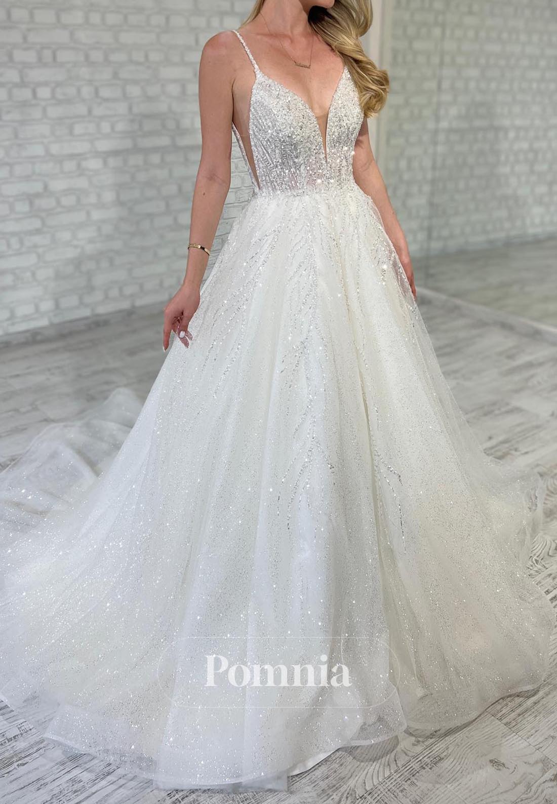 Deep V-Neck Spaghetti Straps Sequins Lace Wedding Dress