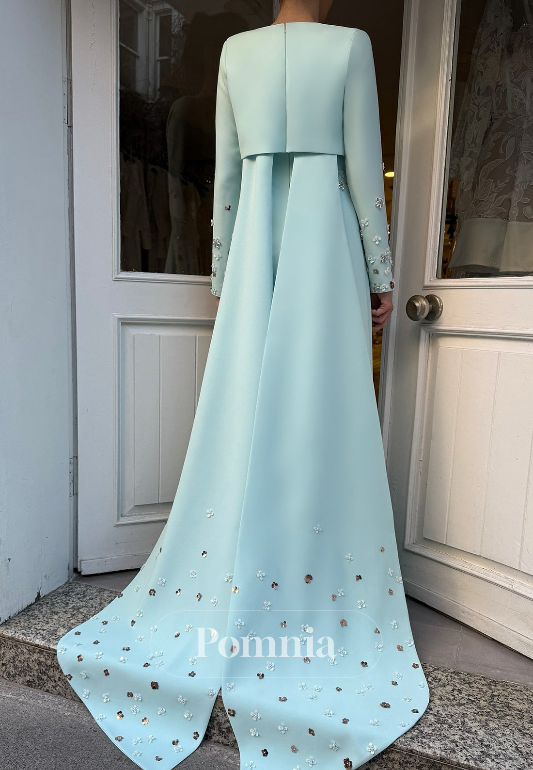 Sky Blue Long Sleeves Scoop Sequins Evening Dress