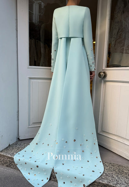 Sky Blue Long Sleeves Scoop Sequins Evening Dress
