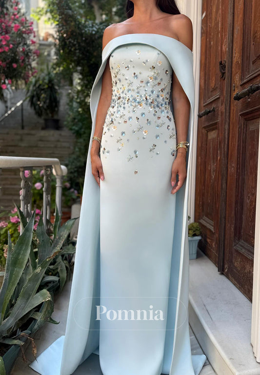 Sky Blue Off-Shoulder Cape Sequins Satin Evening Dress