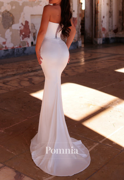 Simple Sleeveless Strapless Appliques Sheath Wedding Dress