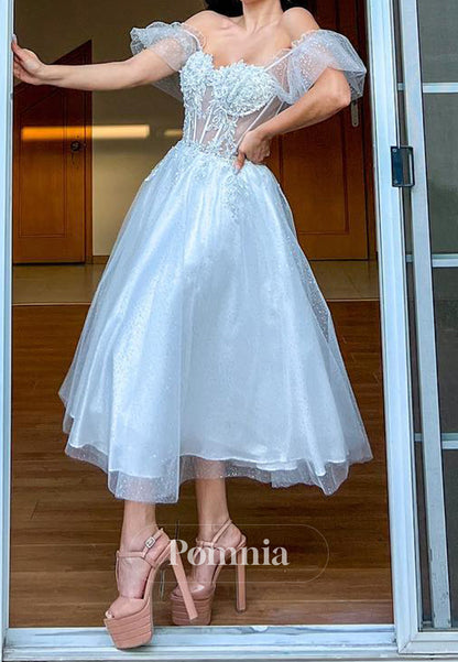 A-Line Off-Shoulder Short Sleeves Corset Lace Wedding Dress