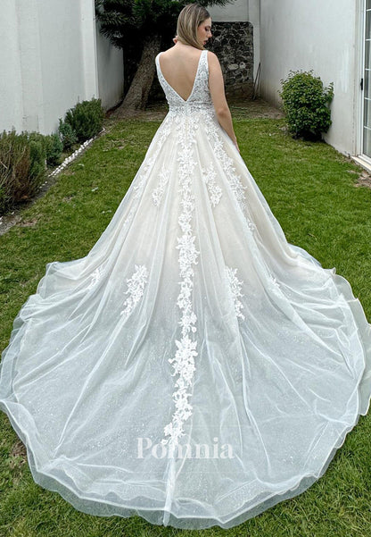 Charming Spaghetti Straps V-Neck Appliques A-Line Wedding Dress