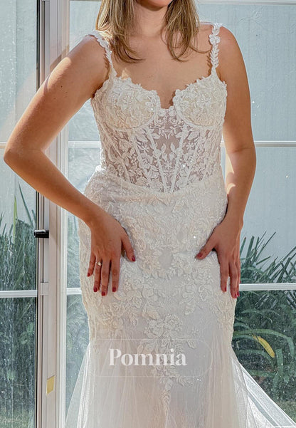 Spaghetti Straps Sweetheart Appliques Lace Wedding Dress