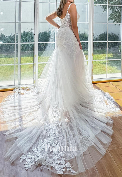 Spaghetti Straps Sweetheart Appliques Lace Wedding Dress