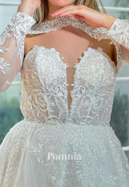 Elegant Long Sleeves High Neck Corset Tulle Wedding Dress