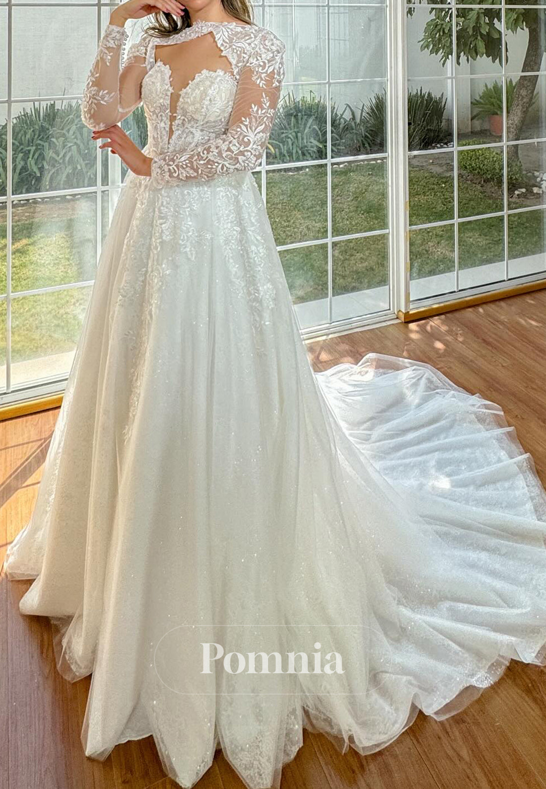 Elegant Long Sleeves High Neck Corset Tulle Wedding Dress