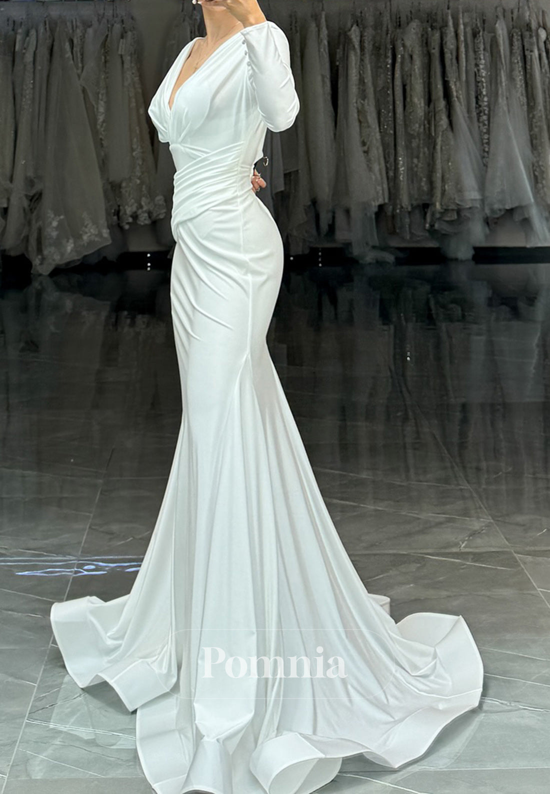 Long Sleeves V-Neck Satin Mermaid Wedding Dress