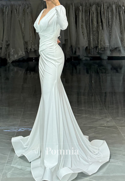 Long Sleeves V-Neck Satin Mermaid Wedding Dress