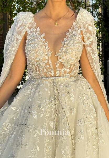 Gorgeous A-Line V-Neeck Appliques Backless Wedding Dress