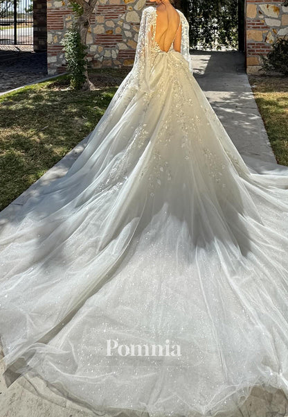 Gorgeous A-Line V-Neeck Appliques Backless Wedding Dress