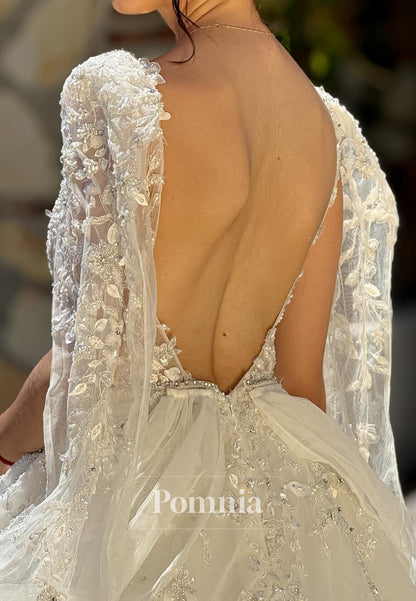 Gorgeous A-Line V-Neeck Appliques Backless Wedding Dress