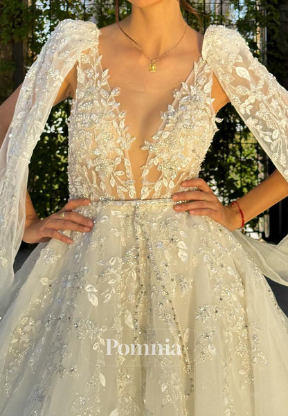 Gorgeous A-Line V-Neeck Appliques Backless Wedding Dress