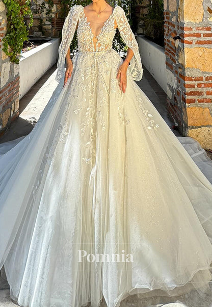 Gorgeous A-Line V-Neeck Appliques Backless Wedding Dress