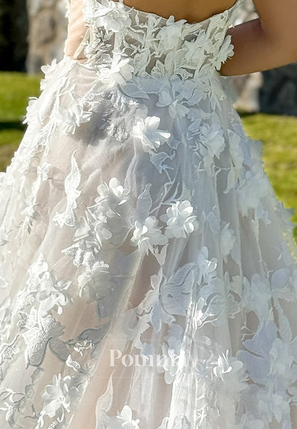 A-Line Spaghetti Straps Scoop Floral Appliques Lace Wedding Dress