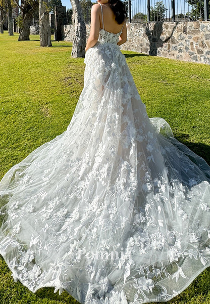 A-Line Spaghetti Straps Scoop Floral Appliques Lace Wedding Dress