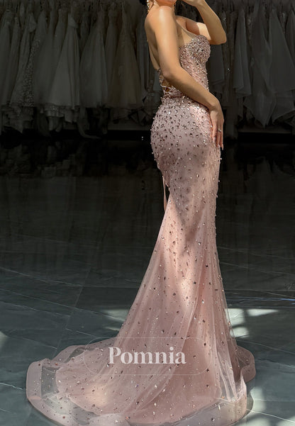 Blushing Pink Sleeveless Strapless Beads Mermaid Evening Dress