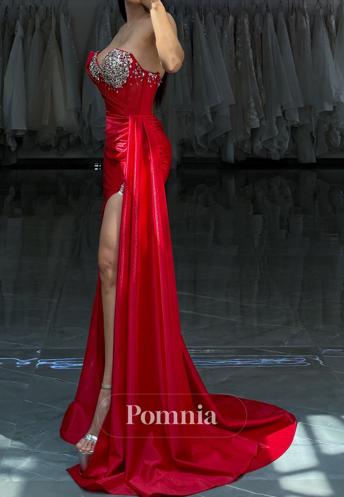 Red Sleeveless Strapless Beads Slit Ruched Prom Dress