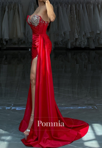 Red A-Line Strapless Sleeveless Beads Slit Prom Dress