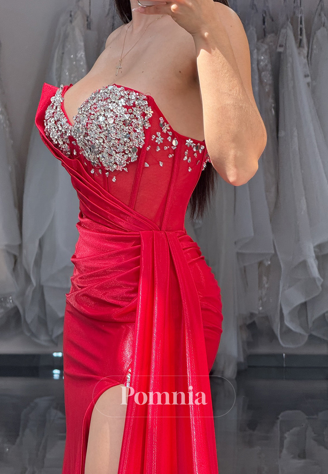 Red Sleeveless Strapless Beads Slit Ruched Prom Dress