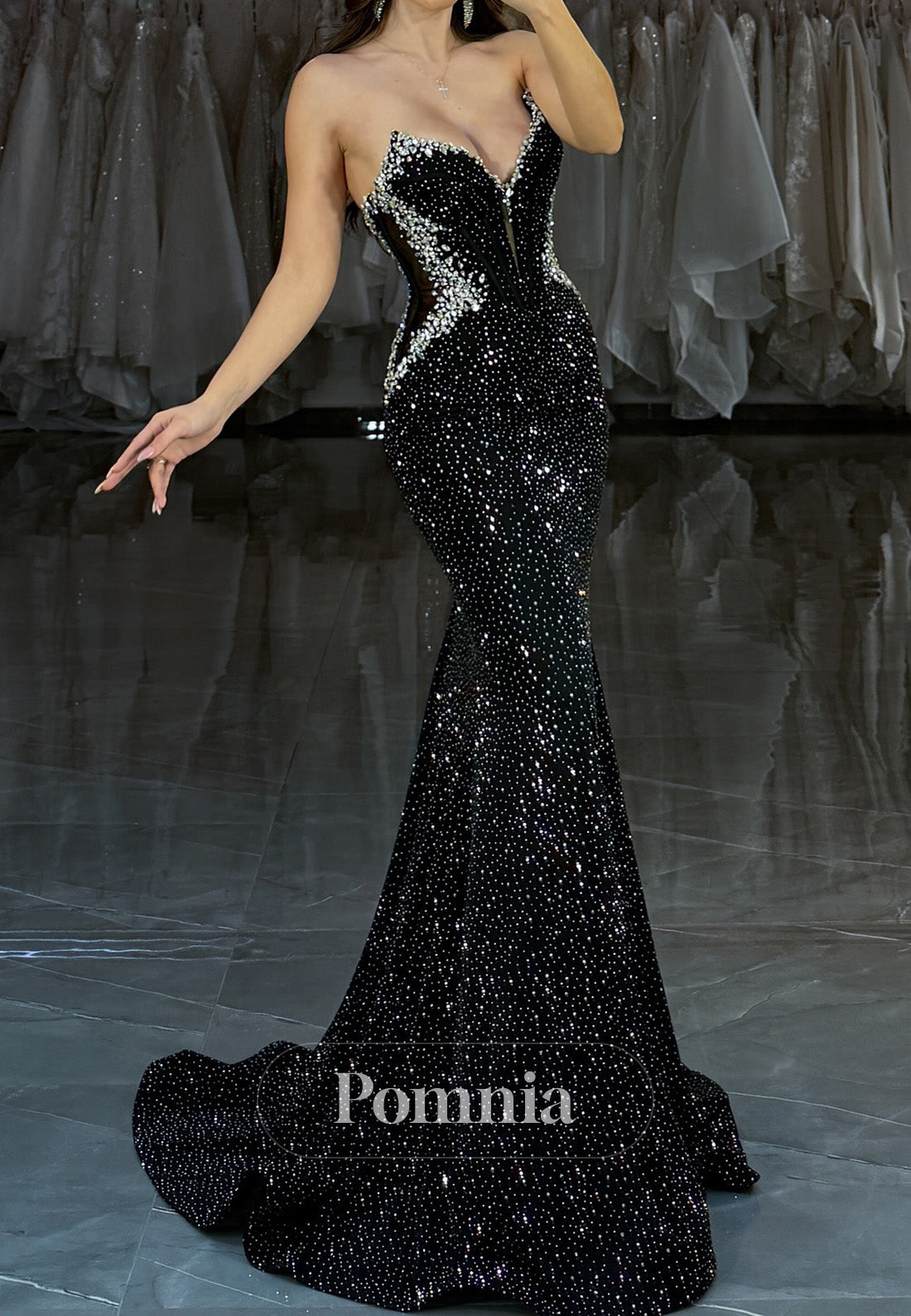 Black Sleeveless Strapless Sequins Mermaid Prom Dress