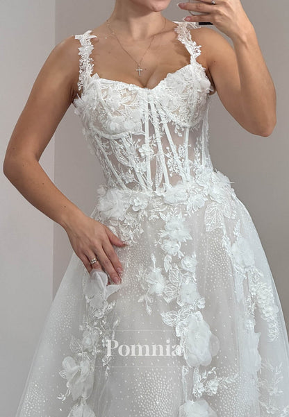 Charming Spaghetti Straps Scoop Floral Appliques Wedding Dress