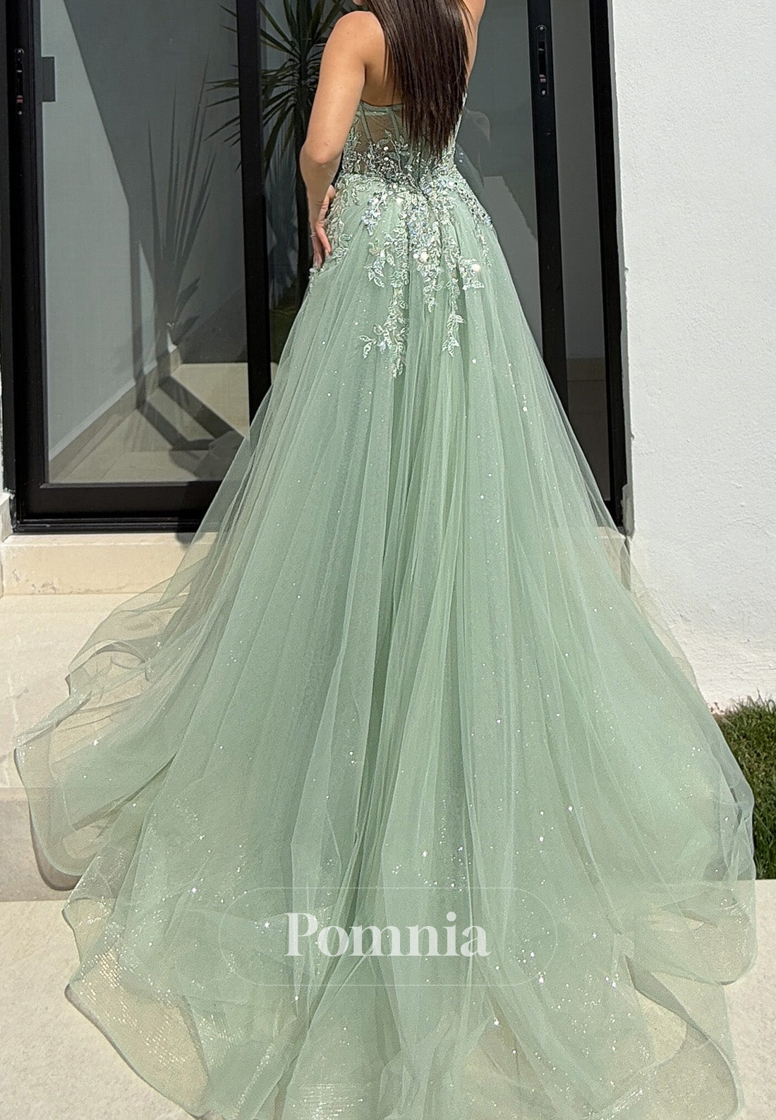 Dusty Sage A-Line Sleeveless Strapless Slit Lace Prom Dress