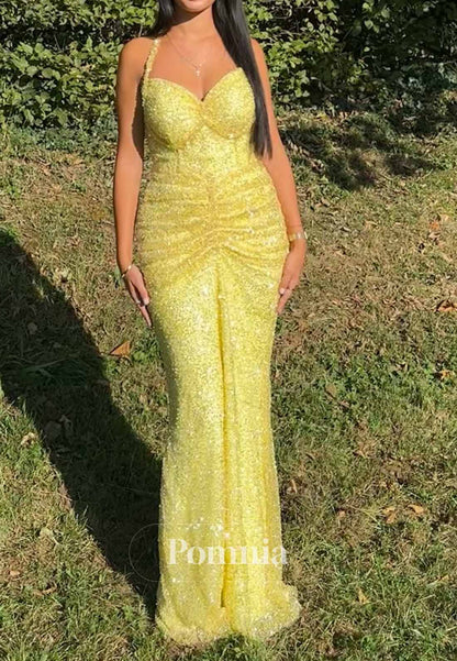 Daffodil Sleeveless Sweetheart Sequins Ruched Prom Dress